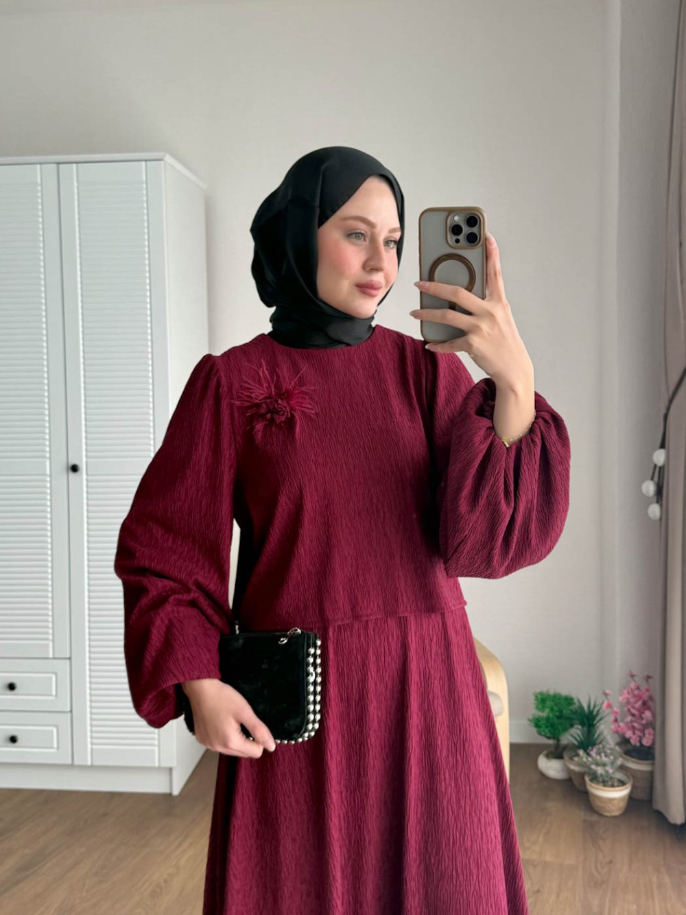Kuşaklı Gofre Elbise  Siyah