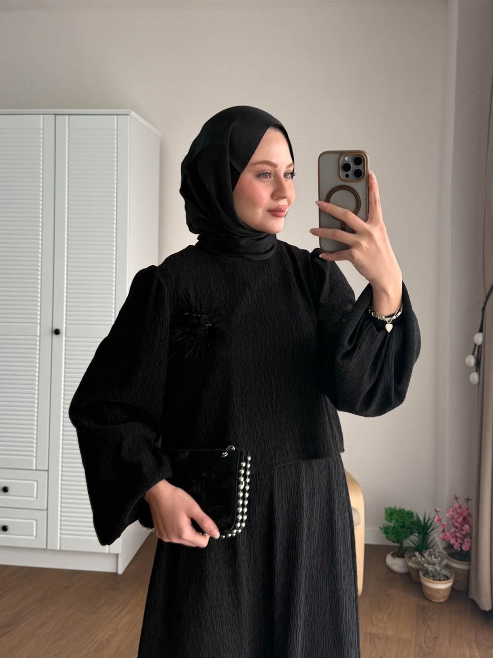 Kuşaklı Gofre Elbise  Siyah