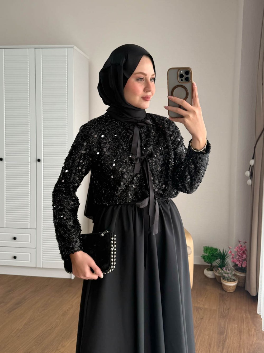 Kuşaklı Gofre Elbise  Siyah