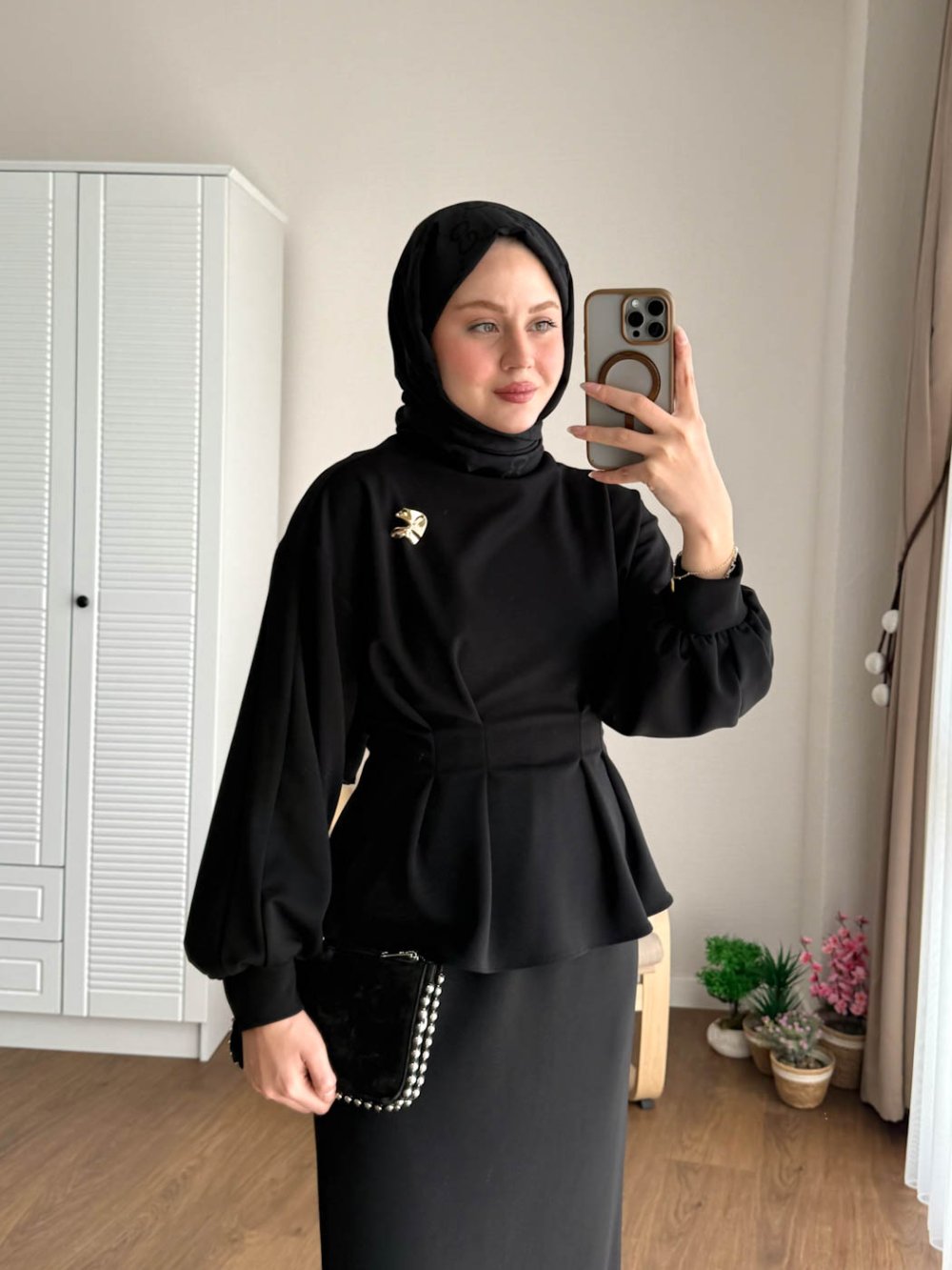 Kuşaklı Gofre Elbise  Siyah