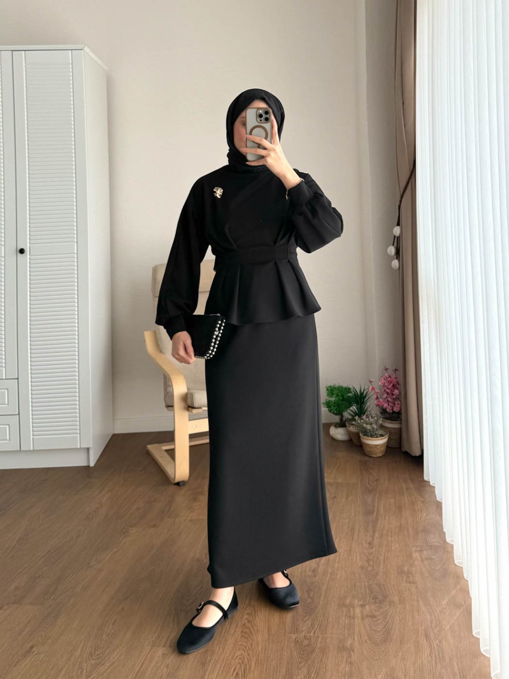Kuşaklı Gofre Elbise  Siyah