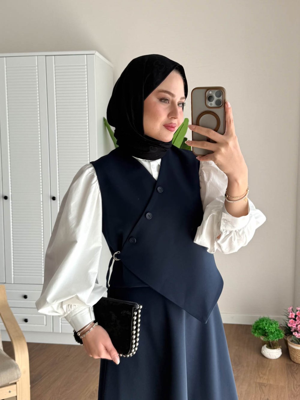 Kuşaklı Gofre Elbise  Siyah
