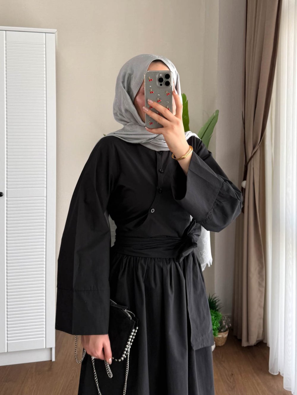 Kuşaklı Gofre Elbise  Siyah