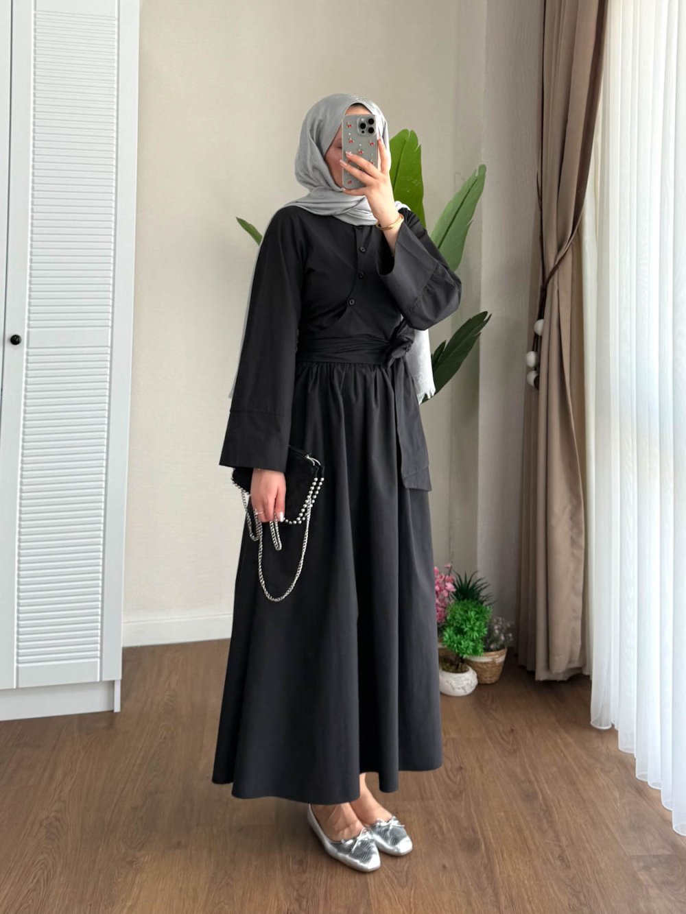 Kuşaklı Gofre Elbise  Siyah