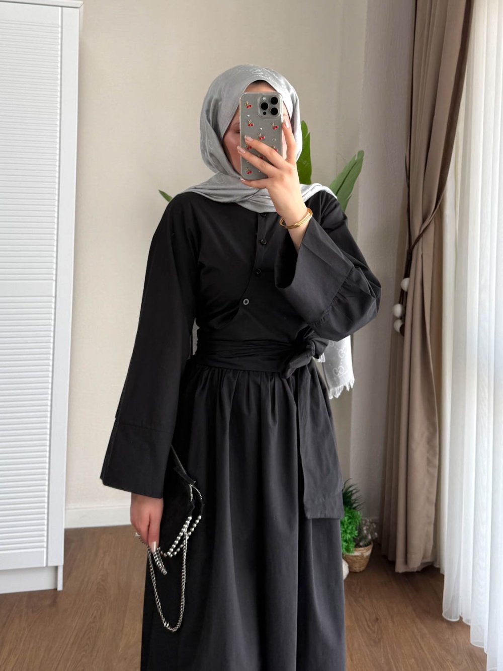 Kuşaklı Gofre Elbise  Siyah