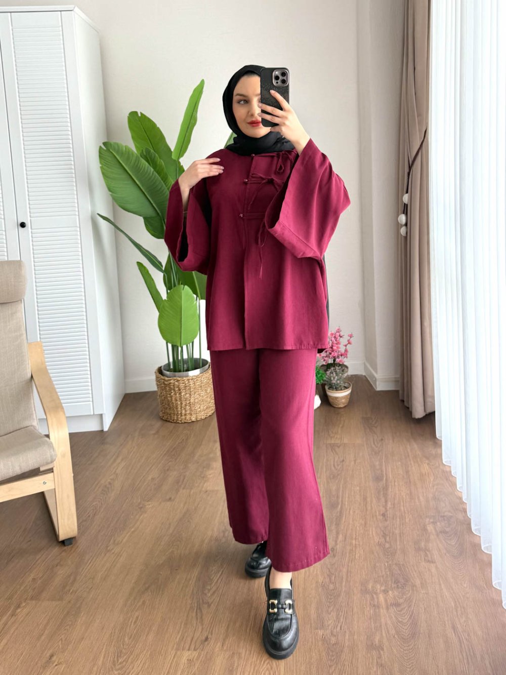 Nice Keten Takım  Bordo