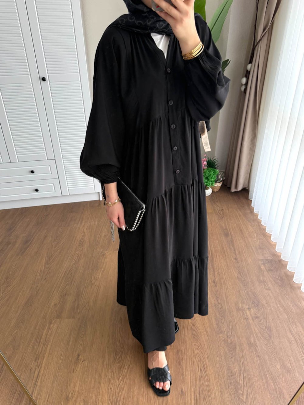 Kuşaklı Gofre Elbise  Siyah