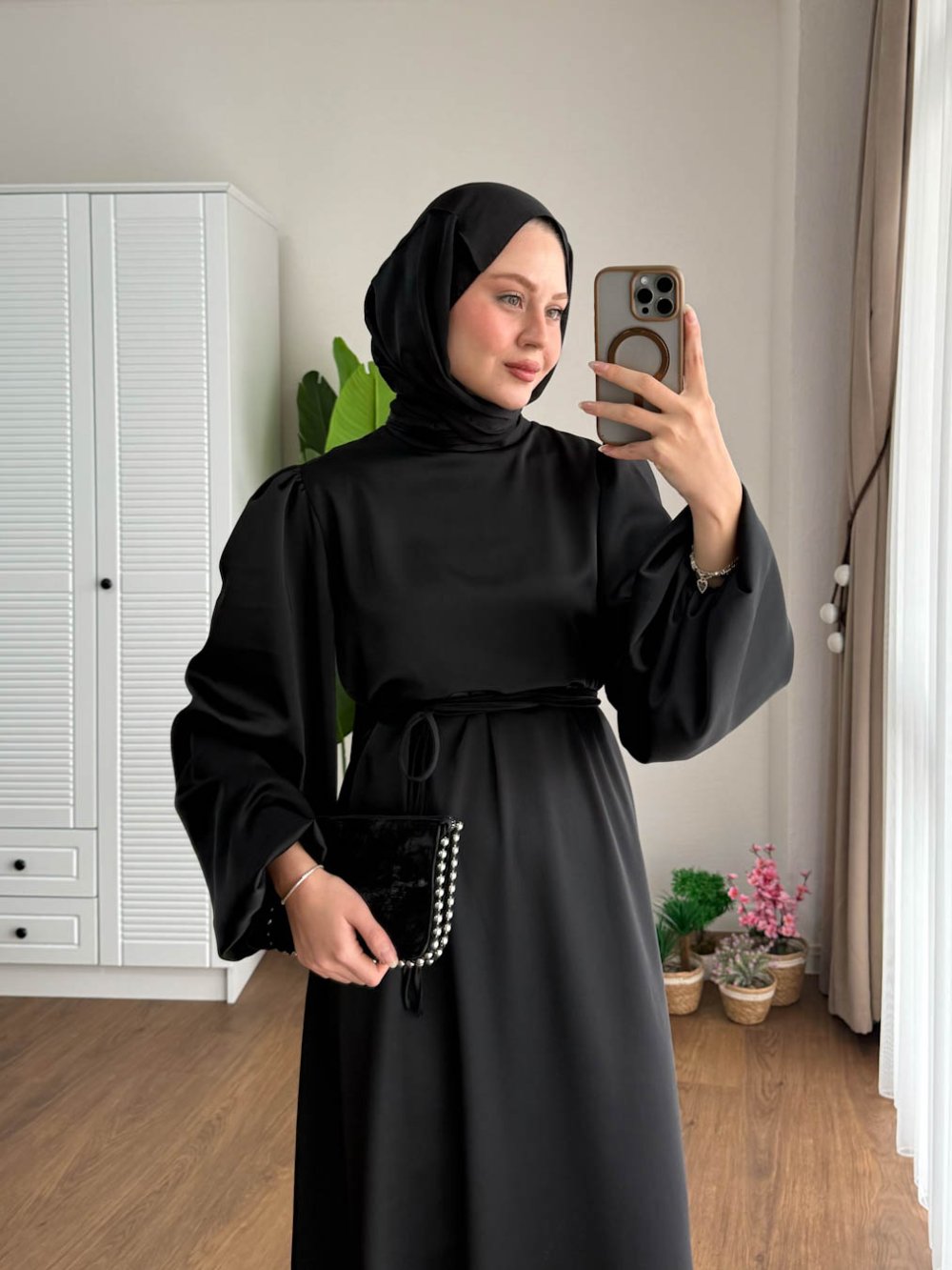 Kuşaklı Gofre Elbise  Siyah
