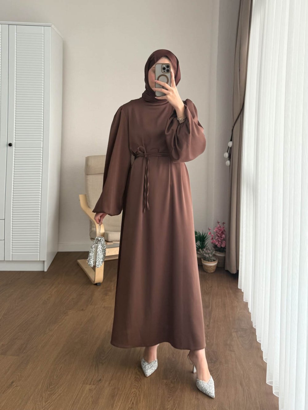 Kuşaklı Gofre Elbise  Siyah