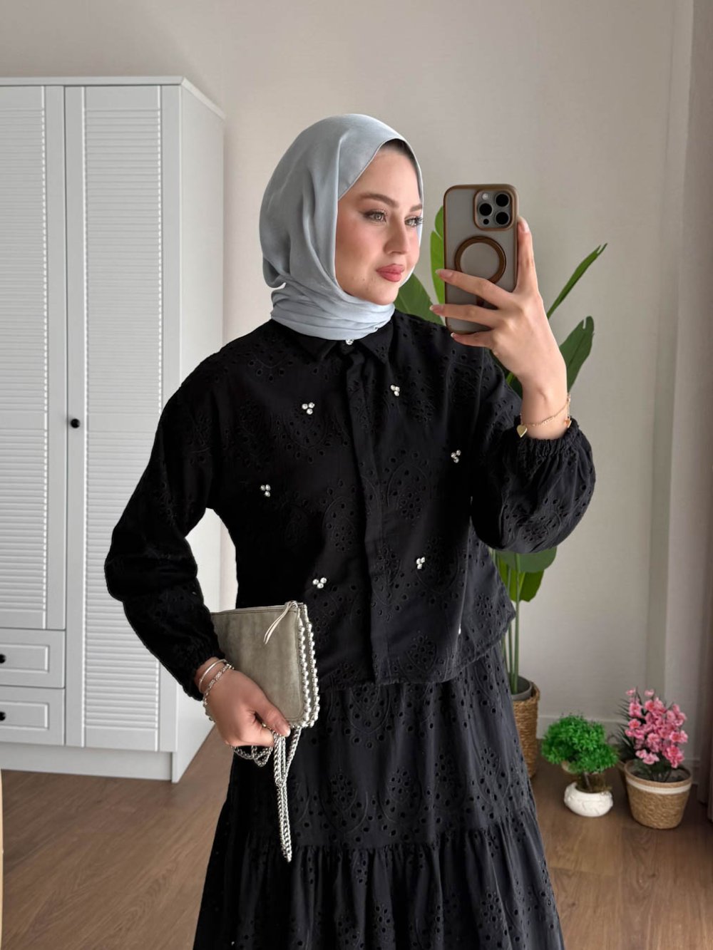 Kuşaklı Gofre Elbise  Siyah