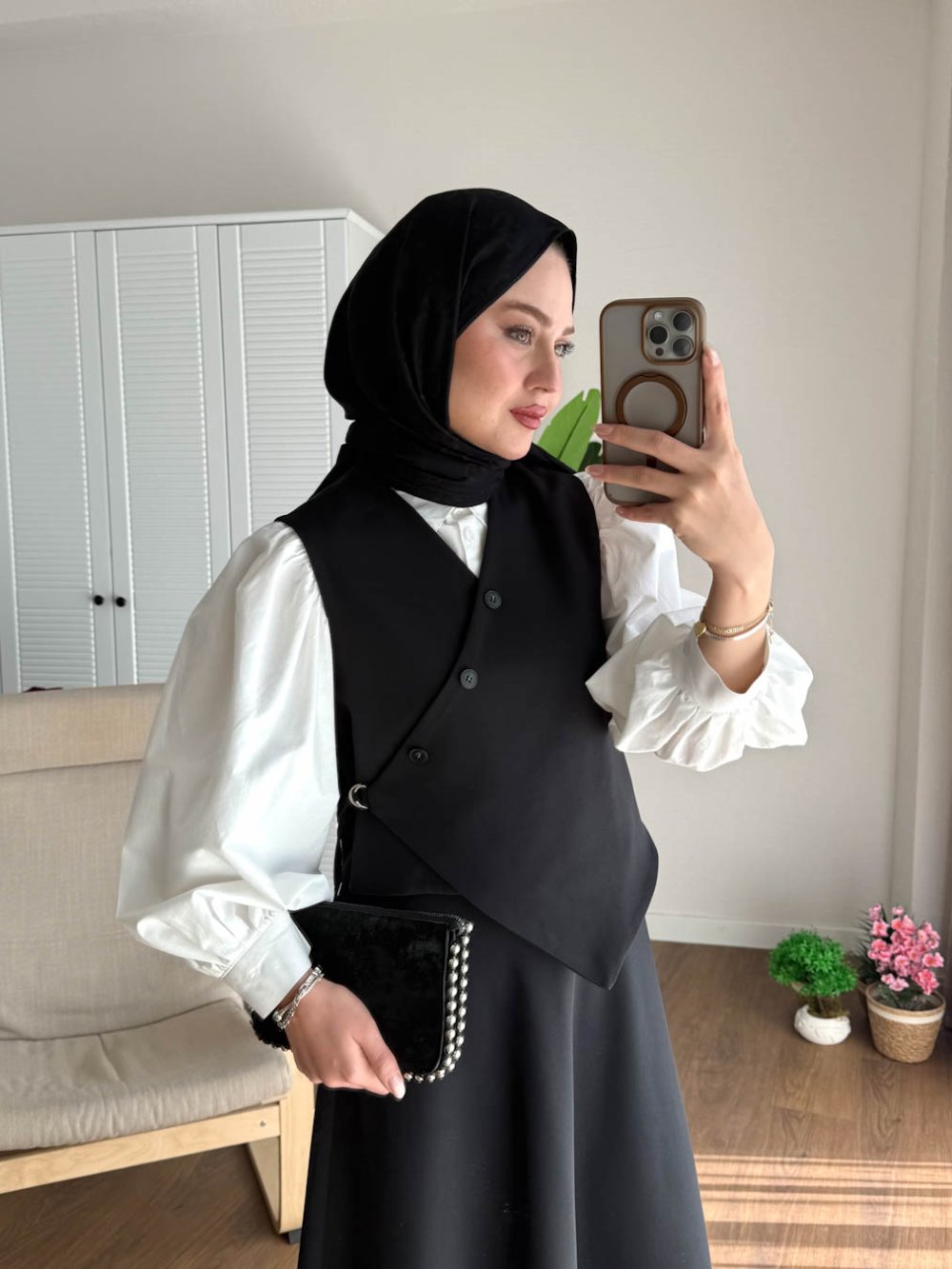 Kuşaklı Gofre Elbise  Siyah