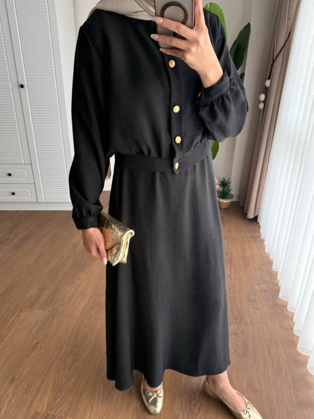Kuşaklı Gofre Elbise  Siyah