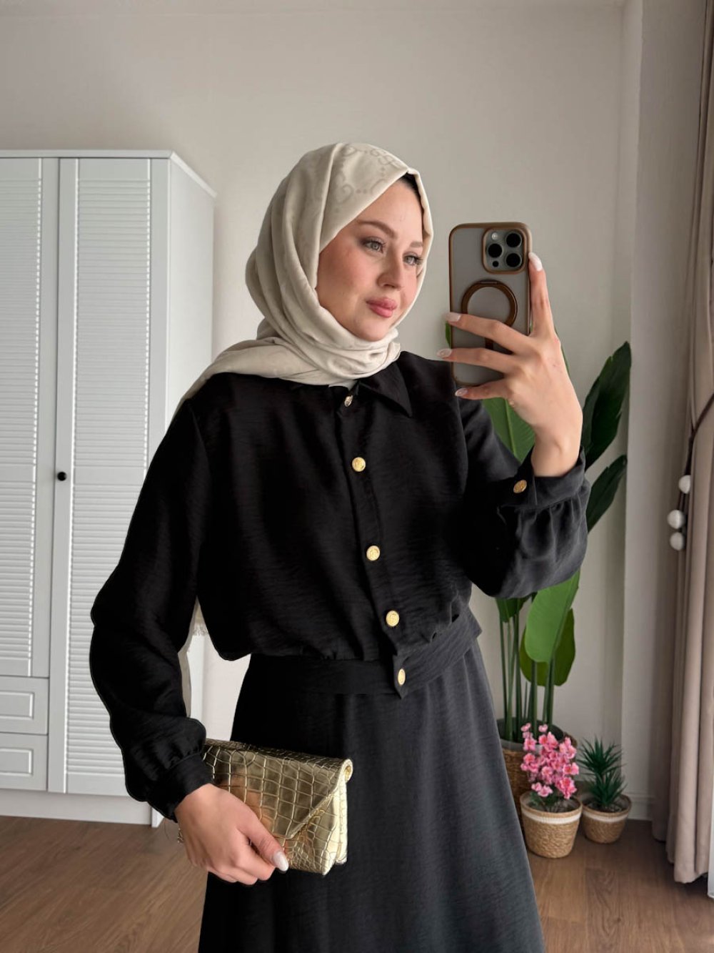 Kuşaklı Gofre Elbise  Siyah