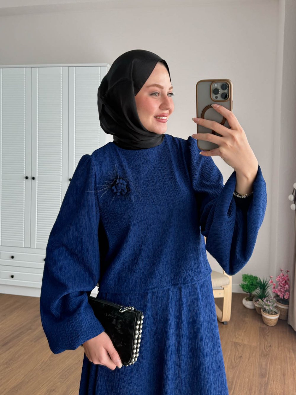 Kuşaklı Gofre Elbise  Siyah
